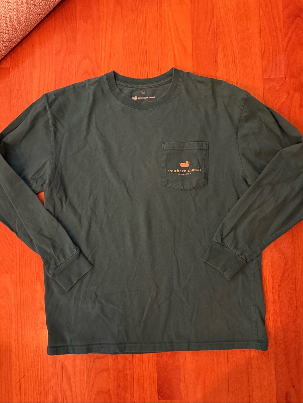 Southern Marsh Long-Sleeve Pocket Tee in Forest Green with Orange Logo